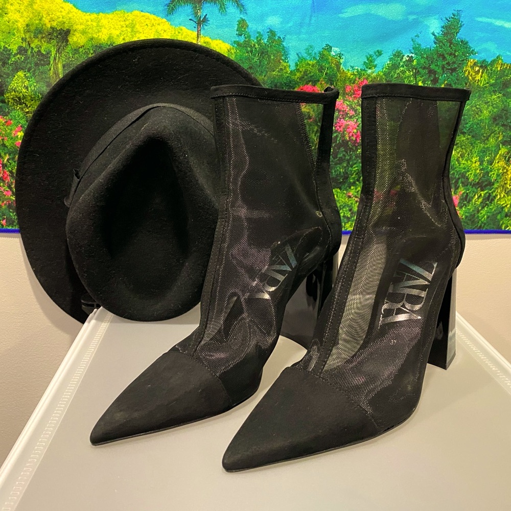 COPY - Zara black mesh ankle booties/  FREE nine west medium size fedora hat